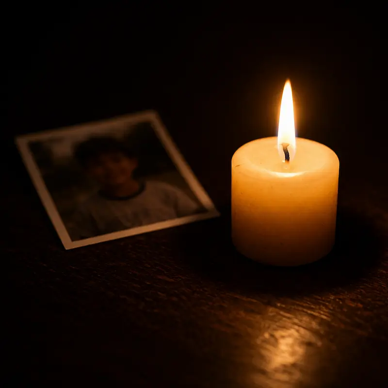 Vela encendida con una pequeña fotografía borrosa apoyada a su lado, luz suave y cálida, la oscuridad alrededor respetuosa y no amenazante