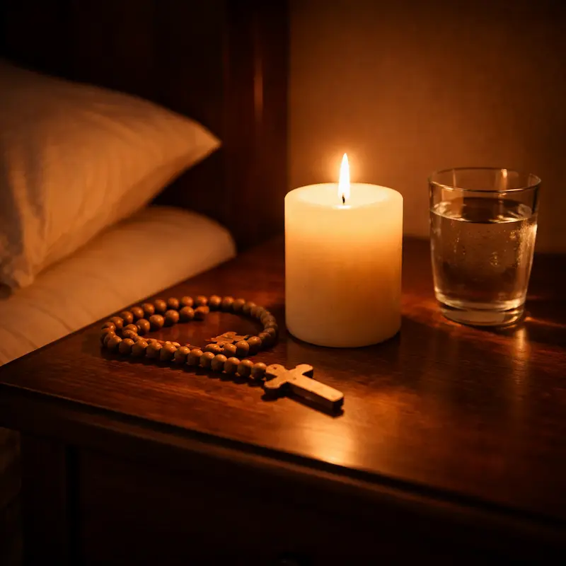 Vela encendida en la mesita de noche, el cuarto en penumbra, luz cálida y quieta sobre el espacio más íntimo, el único punto de luz en la oscuridad del cuarto