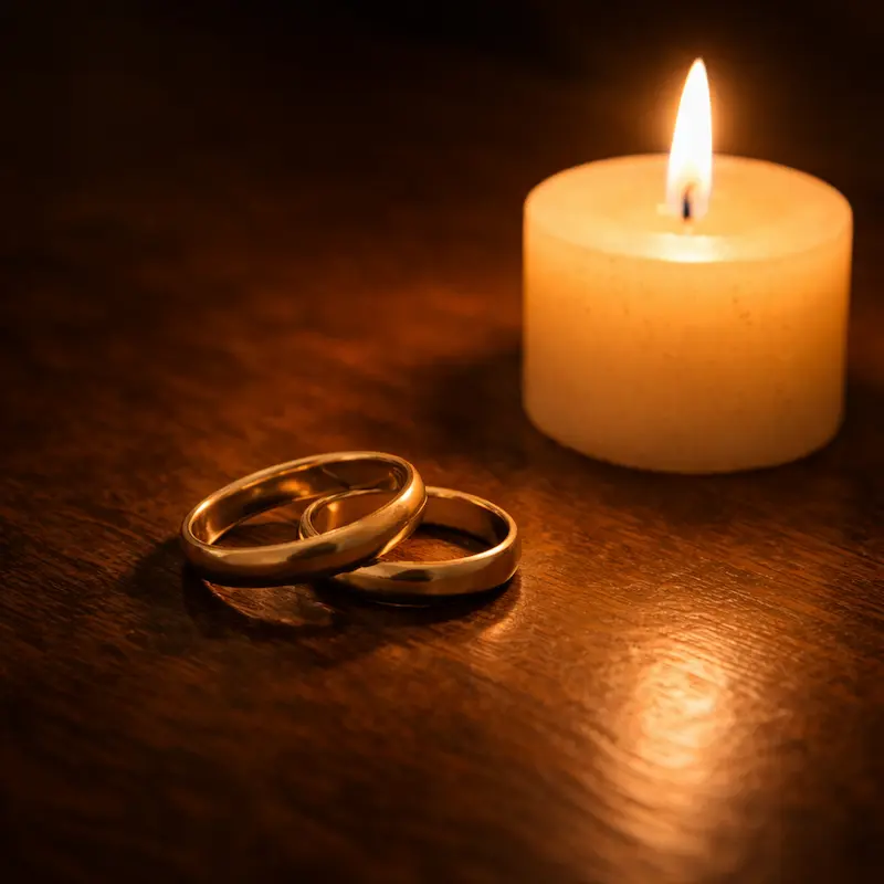 Vela encendida junto a dos alianzas de matrimonio sobre una superficie oscura, luz cálida y quieta, símbolo del vínculo que la muerte interrumpe pero no borra