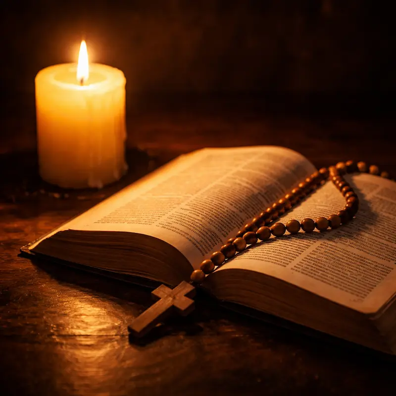 Vela encendida junto a un rosario y una Biblia abierta, luz cálida y quieta, el discernimiento que se hace en la presencia de Dios antes de una decisión importante