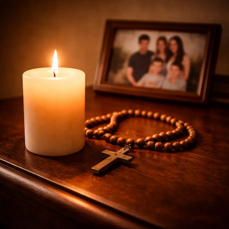 Vela encendida junto a una pequeña fotografía familiar borrosa y un rosario, luz cálida y quieta, el amor que sigue siendo el centro aunque la forma cambió
